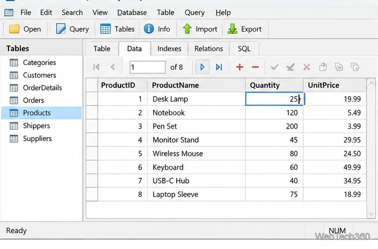Vue tabulaire de type MDB Viewer Plus affichant les enregistrements de produits et une cellule Quantité active pour une lampe de bureau.