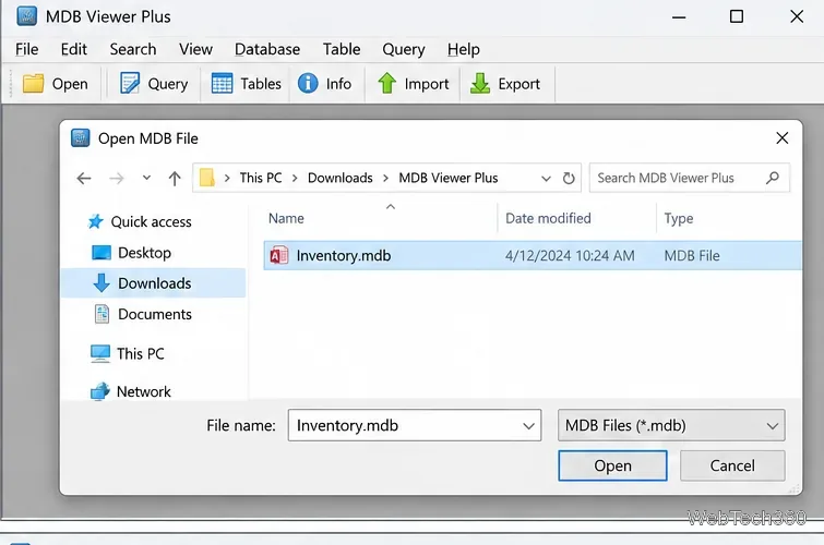 Boîte de dialogue d'ouverture de fichier de MDB Viewer Plus avec un fichier Inventory.mdb sélectionné et le filtre de fichiers MDB visible