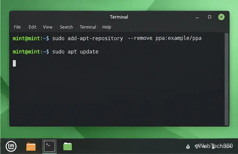 Linux Mint terminal showing add-apt-repository remove command followed by sudo apt update
