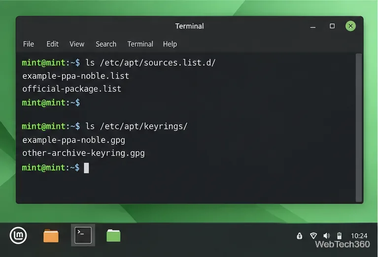 Linux Mint terminal listing files in sources.list.d and apt keyrings directories