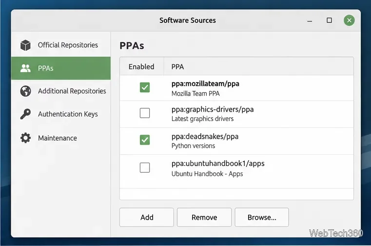 Linux Mint Software Sources PPAs page with Enabled column and Add, Remove, and Browse buttons