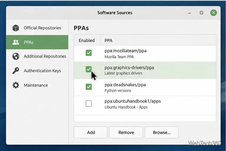 Linux Mint Software Sources with a PPA row selected and its Enabled checkbox visible