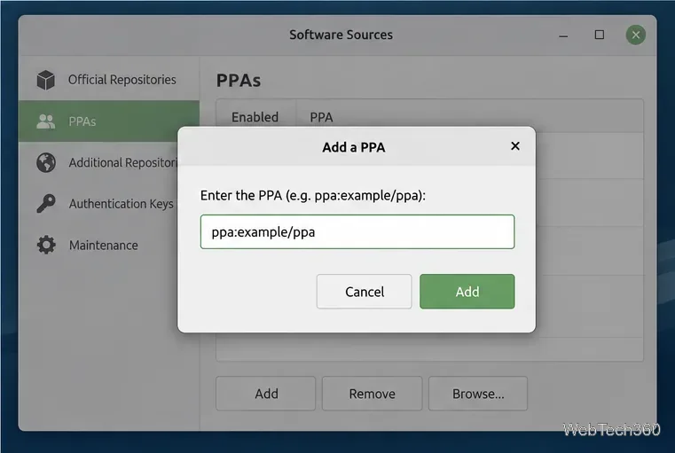 Add a PPA dialog in Linux Mint Software Sources showing the ppa owner and name format