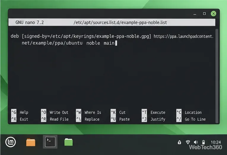 GNU nano editing a Linux Mint PPA source line with a signed-by keyring path