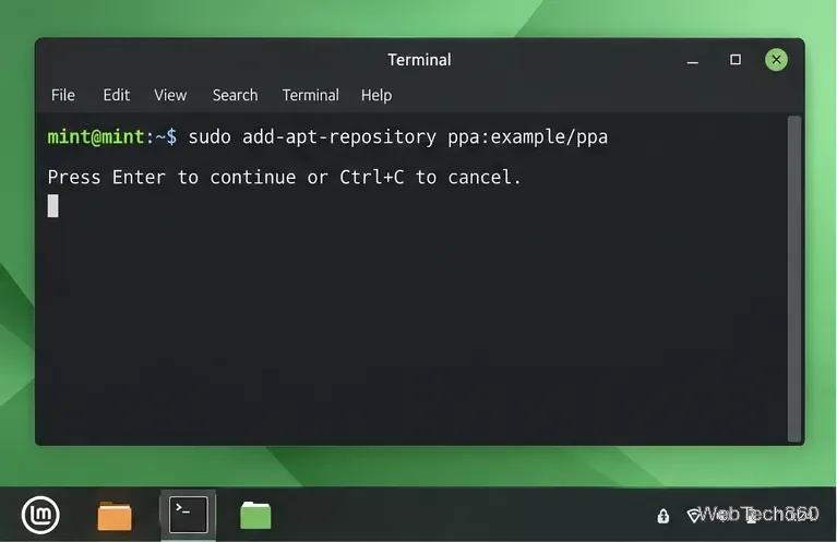 Linux Mint terminal showing sudo add-apt-repository with a sample PPA