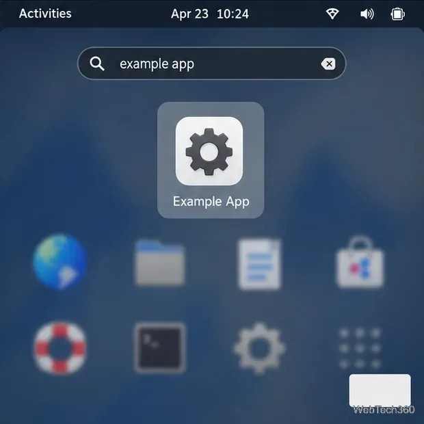 GNOME Shell app overview displaying the Example App launcher in search results