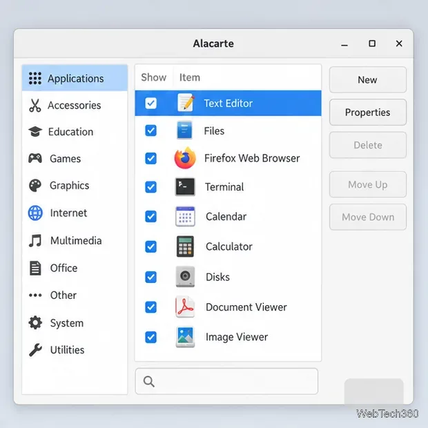 Alacarte menu editor with the Text Editor launcher selected