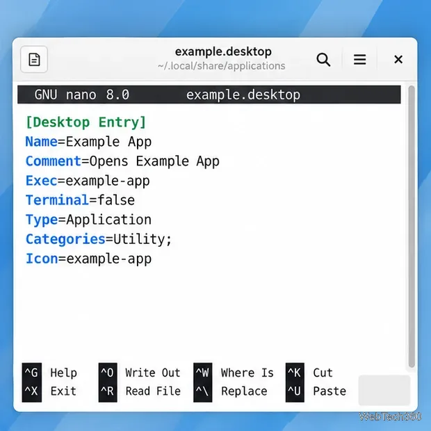 Nano editor showing a desktop entry with Name, Comment, Exec, and Terminal fields
