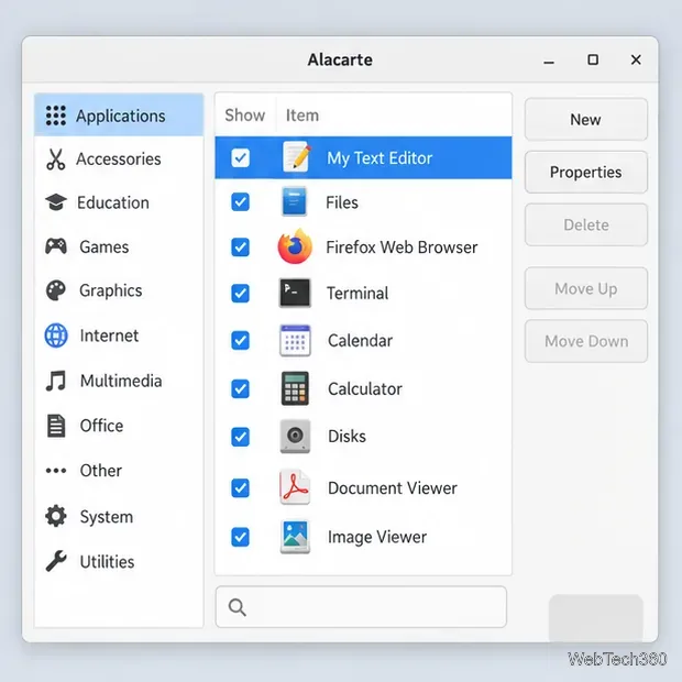 Alacarte application list showing the renamed My Text Editor launcher