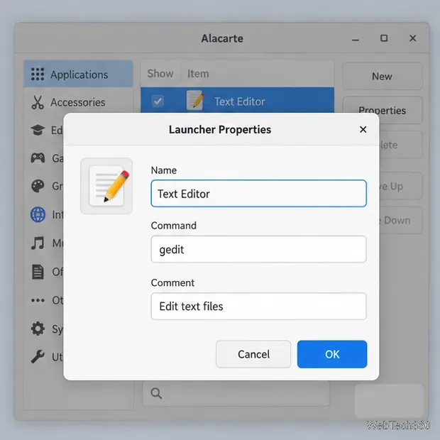 Alacarte Launcher Properties dialog with Name, Command, and Comment fields