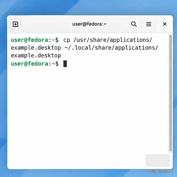 Terminal command copying example.desktop into the user applications directory