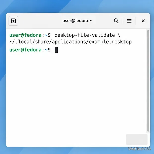 Terminal running desktop-file-validate on the local example.desktop file and returning to the prompt