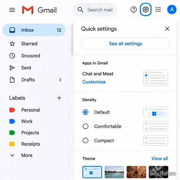 Impostazioni rapide di Gmail con il pulsante "Visualizza tutte le impostazioni" evidenziato.