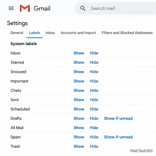 Nelle impostazioni di Gmail, nella scheda Etichette, sono visualizzate le opzioni Mostra e Nascondi.