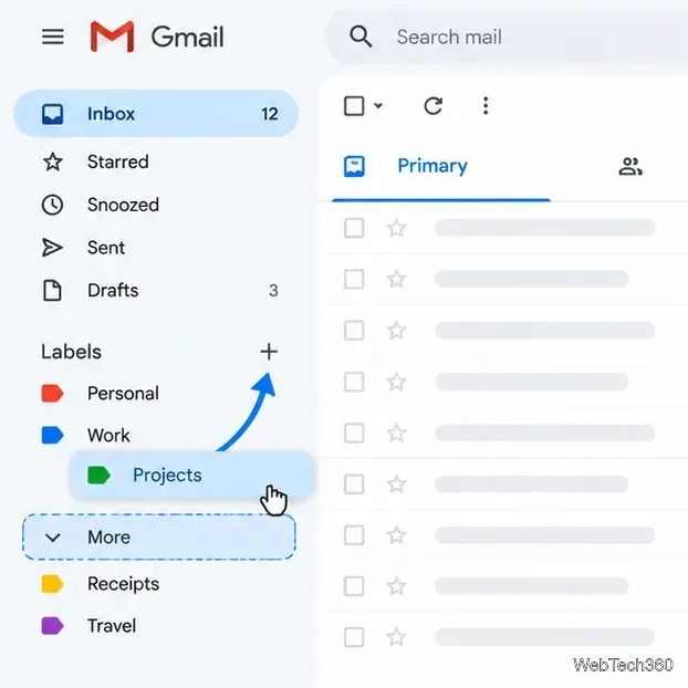 Trascinare l'etichetta Progetti sopra il divisore Altro nella barra laterale di Gmail.