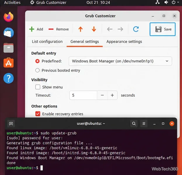 Grub Customizer Save button with a terminal running sudo update-grub to regenerate the boot menu