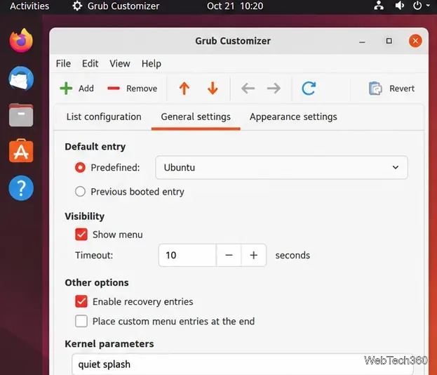 Grub Customizer General settings tab showing default entry, menu visibility, timeout, and kernel parameters