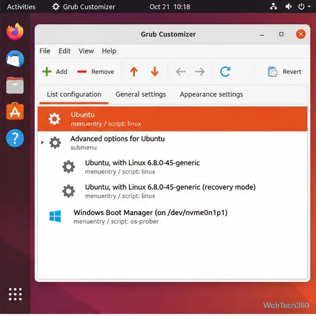 Grub Customizer List configuration tab with Ubuntu, recovery, and Windows Boot Manager entries