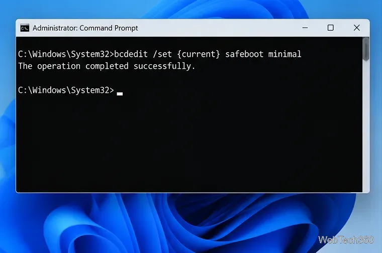 Administrator Command Prompt showing bcdedit set current safeboot minimal before switching to AHCI