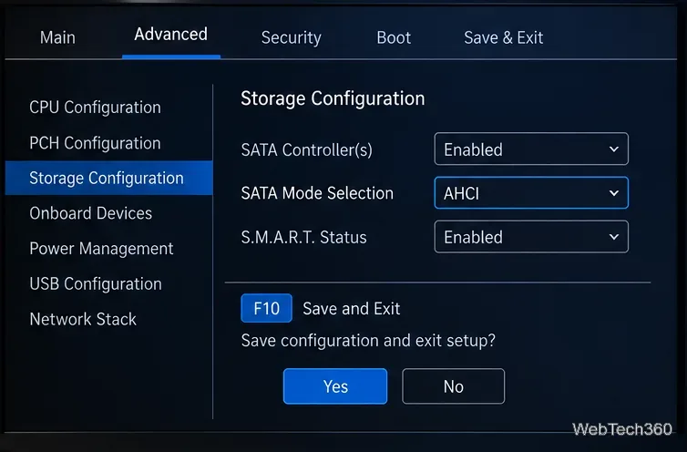 UEFI Storage Configuration screen with SATA Mode Selection set to AHCI and Save and Exit confirmation