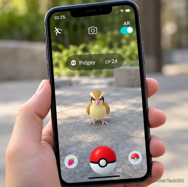 右上隅のARスイッチを有効にしたスマートフォンで野生のポケモンと遭遇する
