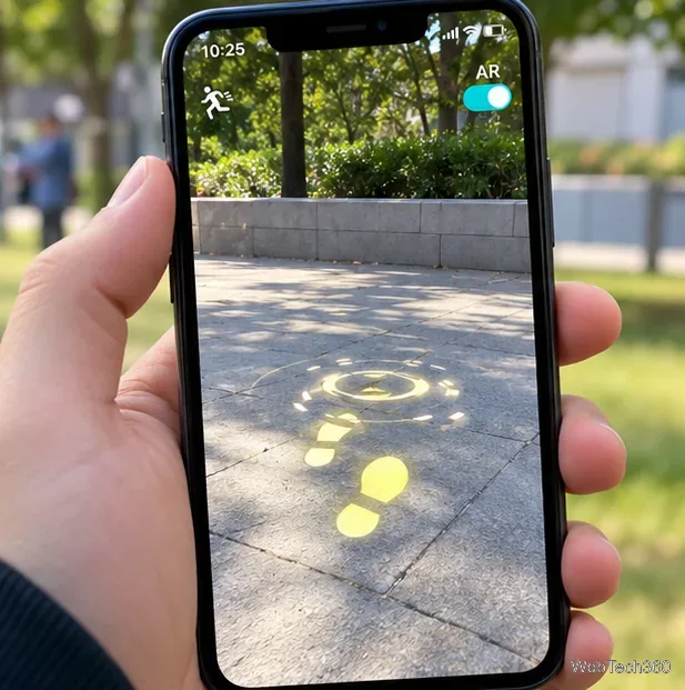 光る黄色のAR配置の足跡が描かれた歩道にスマートフォンのカメラを向ける