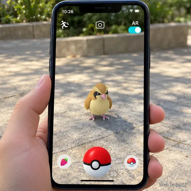 ARで舗装路にモンスターボールを持ったポッポが映っているスマートフォン