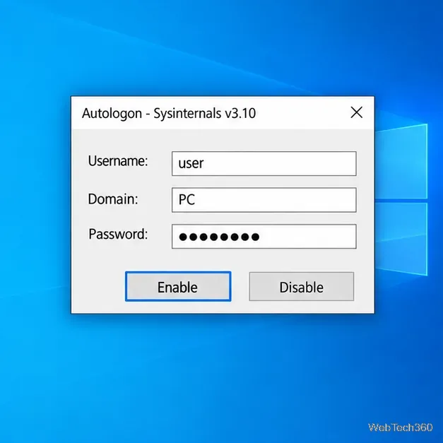 The Autologon dialog with a generic account and masked password, with Enable highlighted.