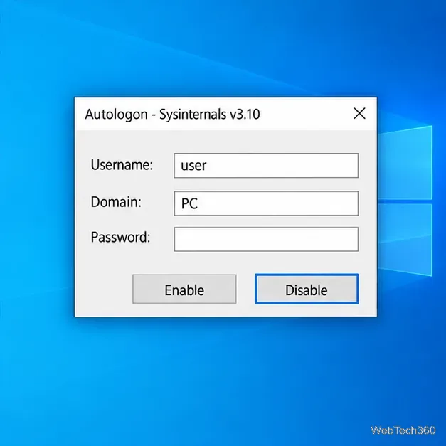 The Autologon dialog with the Disable button highlighted and the password field empty.