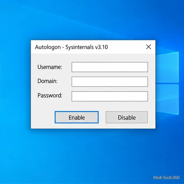 The Autologon dialog with Username, Domain, and Password fields ready for the selected account.