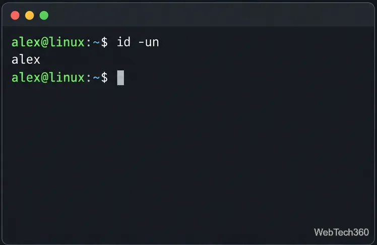 Terminale Linux con il comando id -un attivo e alex visualizzato come nome utente corrente.