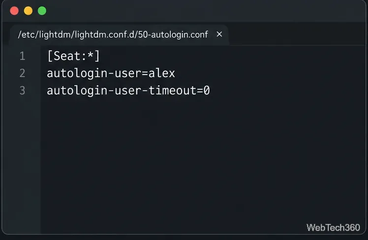 File di configurazione di LightDM con la sezione Seat, l'utente di accesso automatico e il timeout di zero secondi.