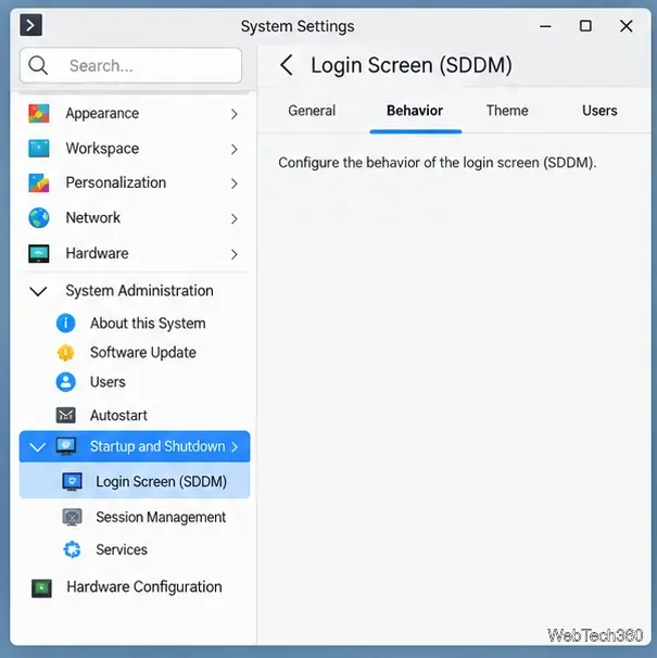 Impostazioni di sistema di KDE Plasma con Avvio e arresto espansi e Schermata di accesso (SDDM) selezionata.