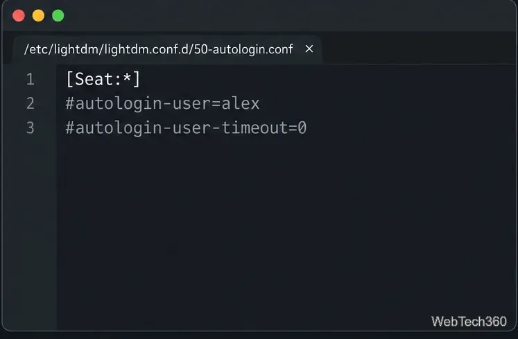 Le righe relative all'utente di accesso automatico e al timeout di LightDM sono state commentate nel file di configurazione.