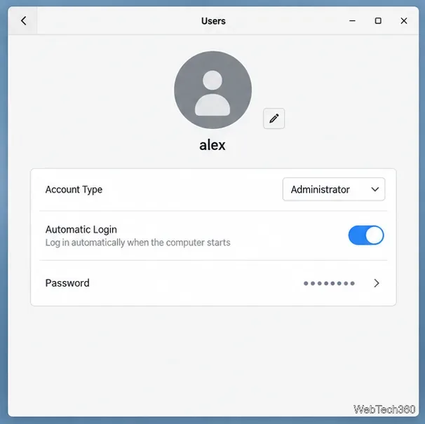 Impostazioni dell'account utente GNOME con tipo di account Amministratore e accesso automatico attivato.