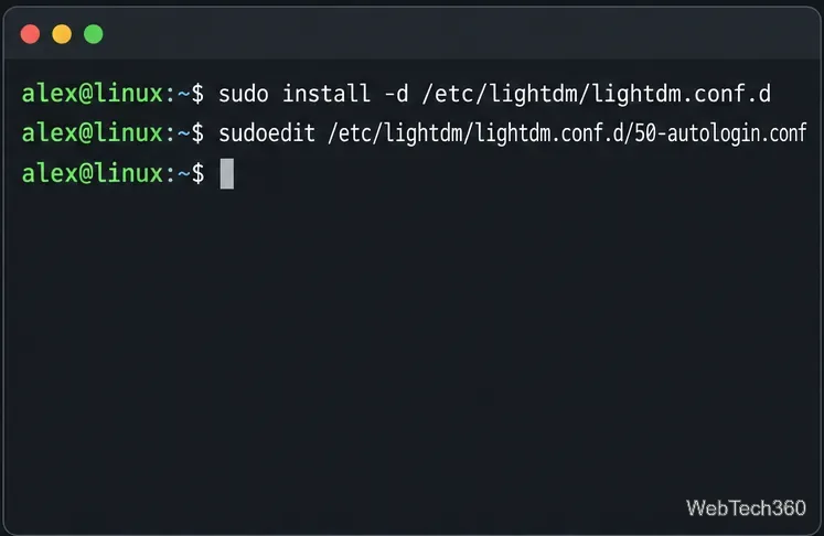 Comandi da terminale per la creazione della directory di configurazione di LightDM e l'apertura di un nuovo file di impostazioni di accesso automatico.