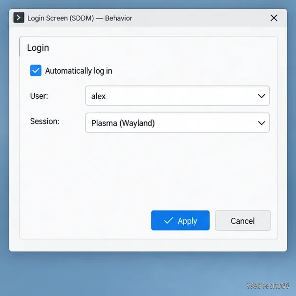Impostazioni di comportamento SDDM con accesso automatico abilitato per l'utente alex e la sessione Plasma Wayland.