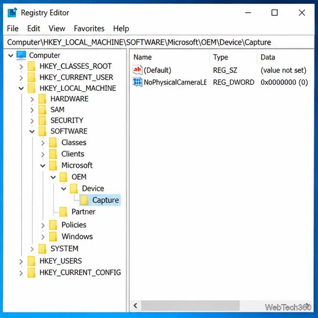 Редактор реестра Windows 10, открытый на HKEY_LOCAL_MACHINE SOFTWARE, Microsoft OEM Device Capture