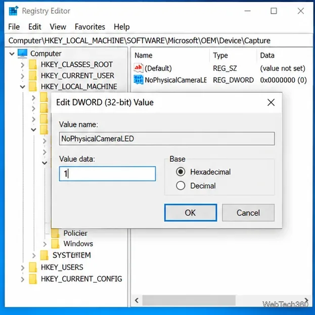 В редакторе реестра Windows 10 отредактируйте диалоговое окно DWORD для параметра NoPhysicalCameraLED, установив значение 1.