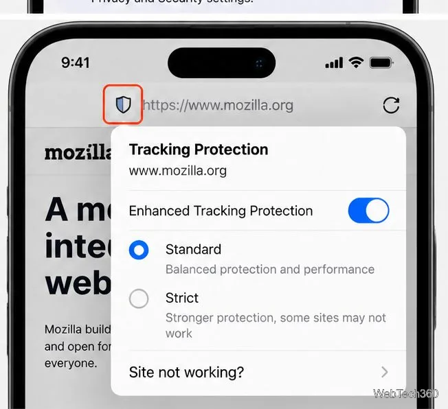 В панели защиты сайтов Firefox можно настроить расширенную защиту от отслеживания для веб-сайта.