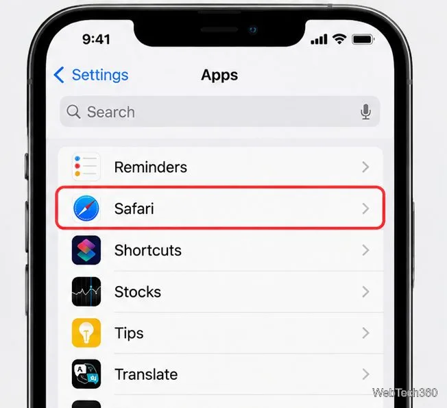 В настройках iPhone выберите Safari из списка приложений.