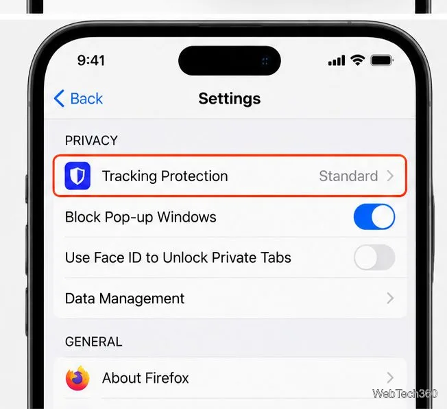 В настройках Firefox для iOS есть параметр «Защита от отслеживания».