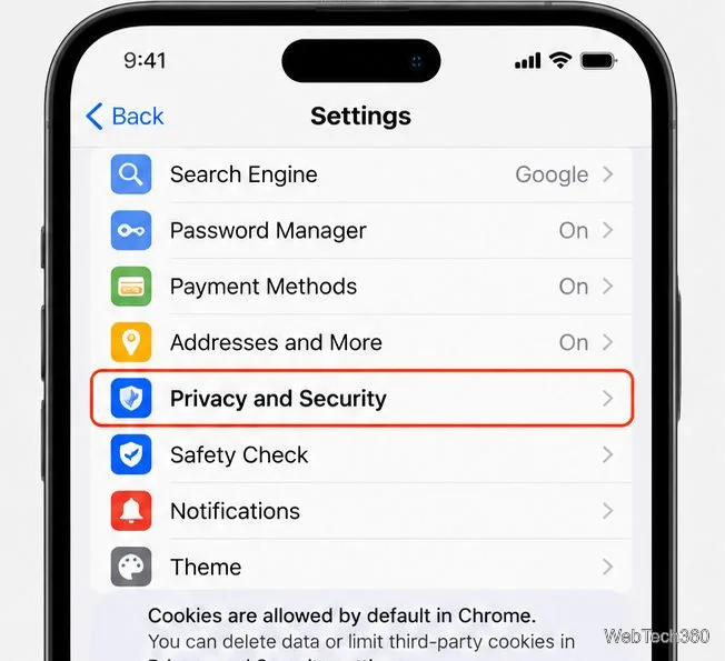 В настройках Chrome отображается раздел «Конфиденциальность и безопасность».