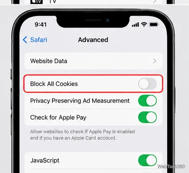 В расширенных настройках Safari функция «Блокировать все файлы cookie» отключена.