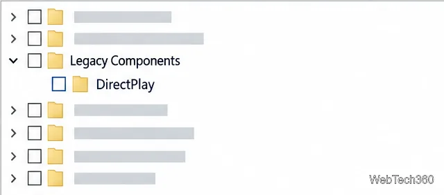 Lista de caracteristici Windows cu componentele vechi extinse și caseta de selectare DirectPlay debifată