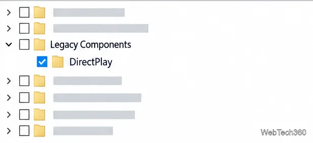 Lista de caracteristici Windows cu caseta de selectare DirectPlay bifată sub Componente vechi