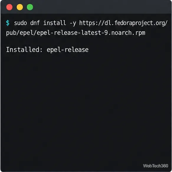 Exemple de terminal pour installer epel-release-latest-9.noarch.rpm depuis Fedora sur un système EL 9
