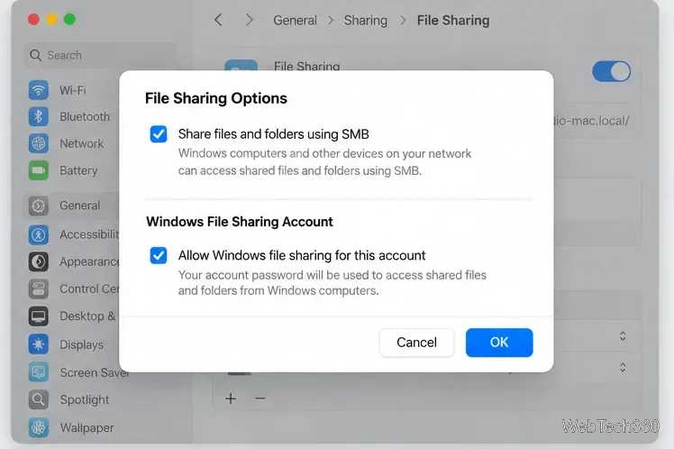 Illustration des options de partage de fichiers avec SMB activé et un compte de partage de fichiers Windows sélectionné
