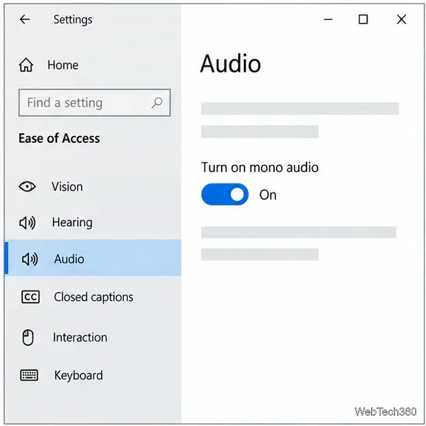 Windows 10 Audio settings showing Turn on mono audio switched On
