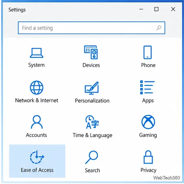 Windows 10 Settings home with the Ease of Access tile highlighted